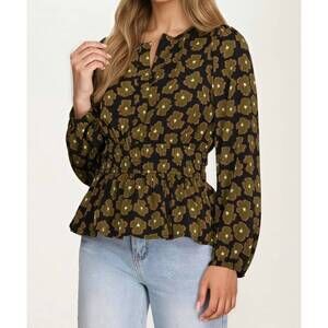 NEW KNIT & LOUNGE floral print smocked waist long sleeve top in black/olive